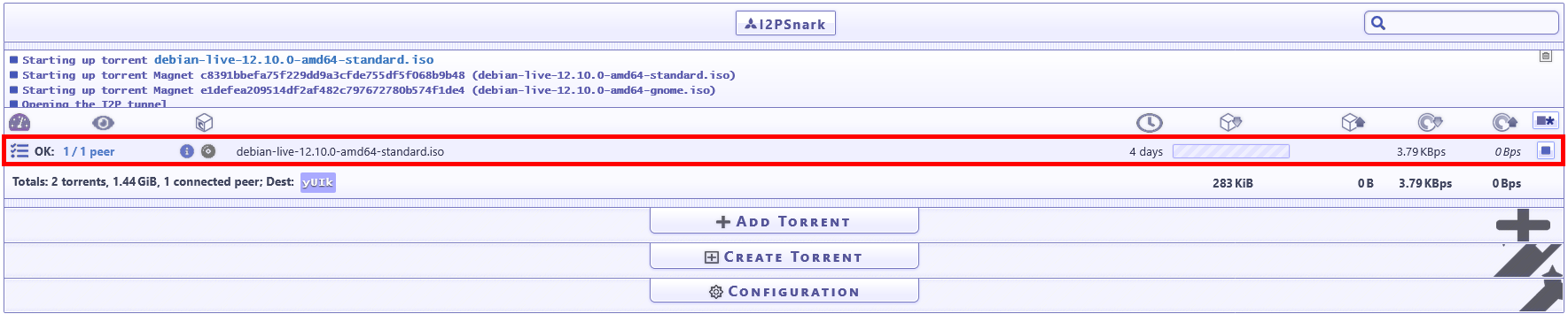 Progression du téléchargement du torrent dans I2PSnark