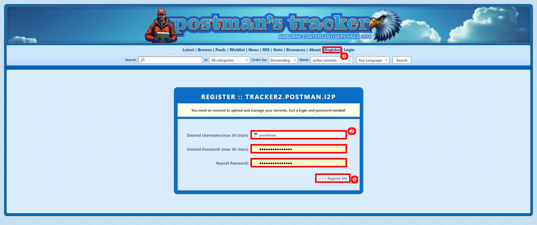 Page d’inscription au tracker Postman