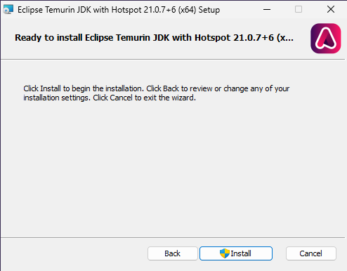 Écran prêt pour l'installation d'Eclipse Temurin JDK, avec le bouton Installer mis en surbrillance