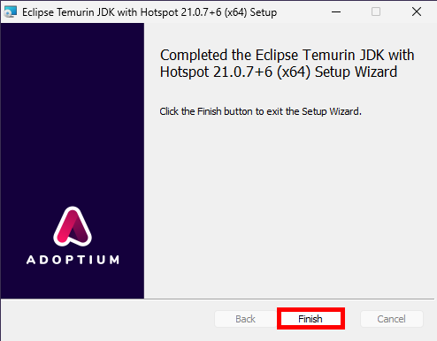 Écran de fin d'installation d'Eclipse Temurin JDK, avec le bouton Terminer mis en surbrillance