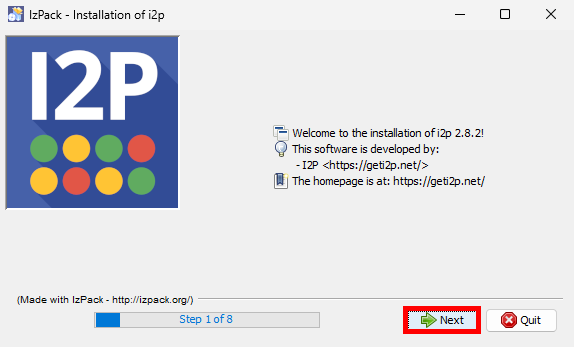 Écran de bienvenue de l’installateur I2P affichant la version 2.8.2, avec le bouton Suivant mis en surbrillance