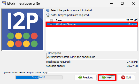 Écran de sélection des composants de l’installateur I2P avec l’option Service Windows cochée et le bouton Suivant mis en surbrillance
