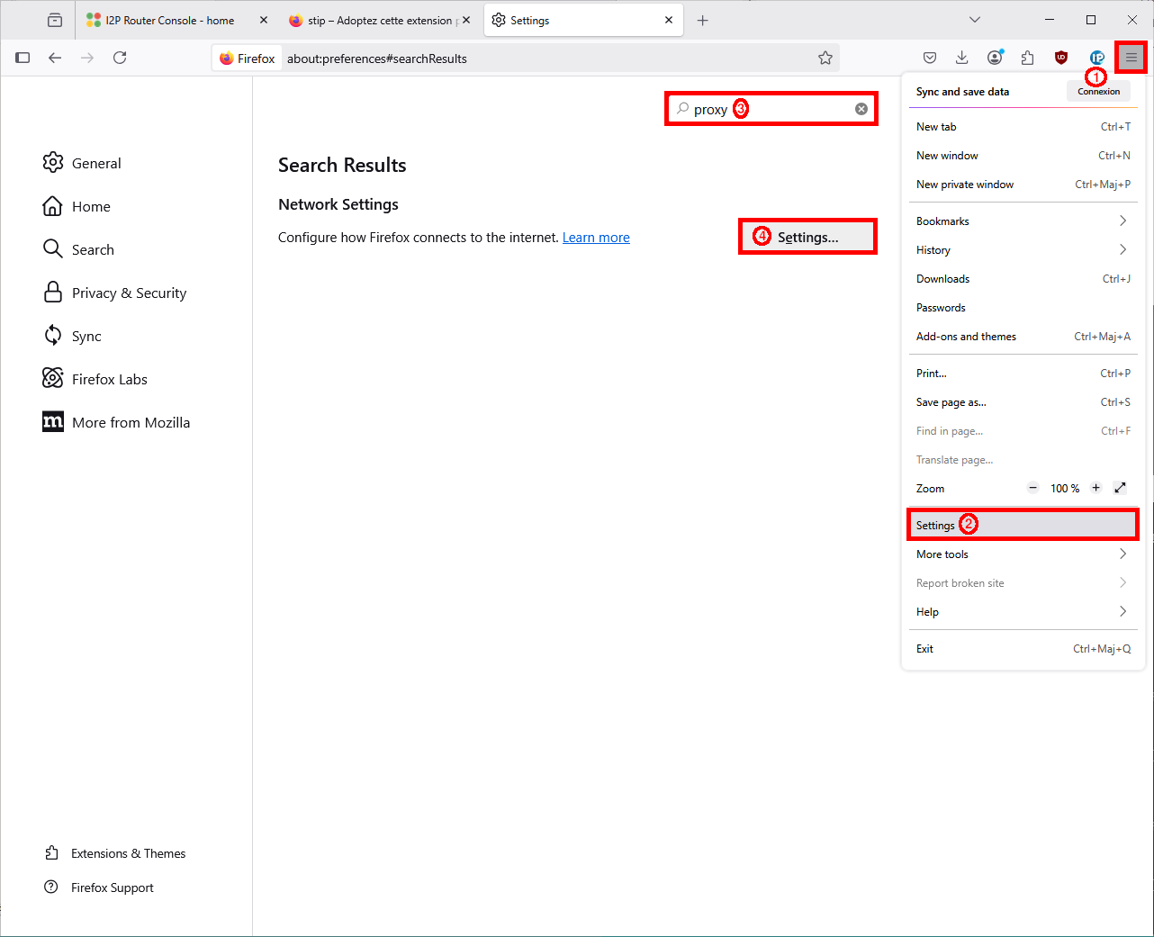 Page des paramètres de Firefox montrant comment accéder aux paramètres réseau via le menu et rechercher le proxy