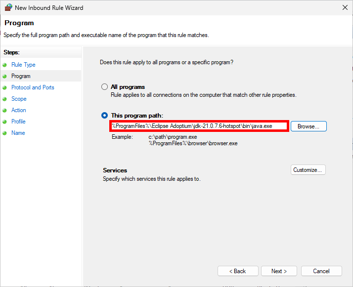 Assistant de règle entrante du pare-feu Windows avec This program path sélectionné et le chemin de java.exe d'Eclipse Temurin renseigné