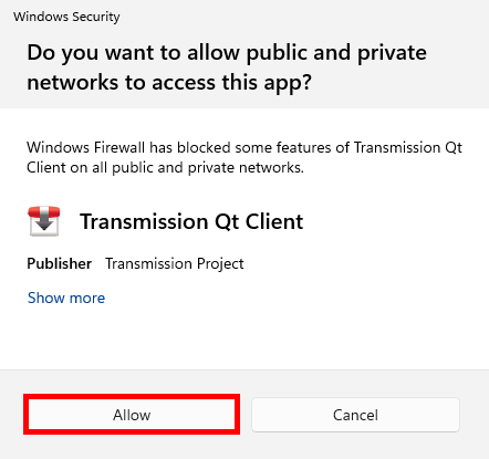 Alerte de Sécurité Windows demandant d’autoriser Transmission Qt Client à communiquer à travers le pare-feu