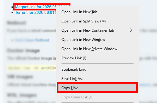 Menu contextuel affichant l’option Copy Link pour le lien magnet d’Arch Linux