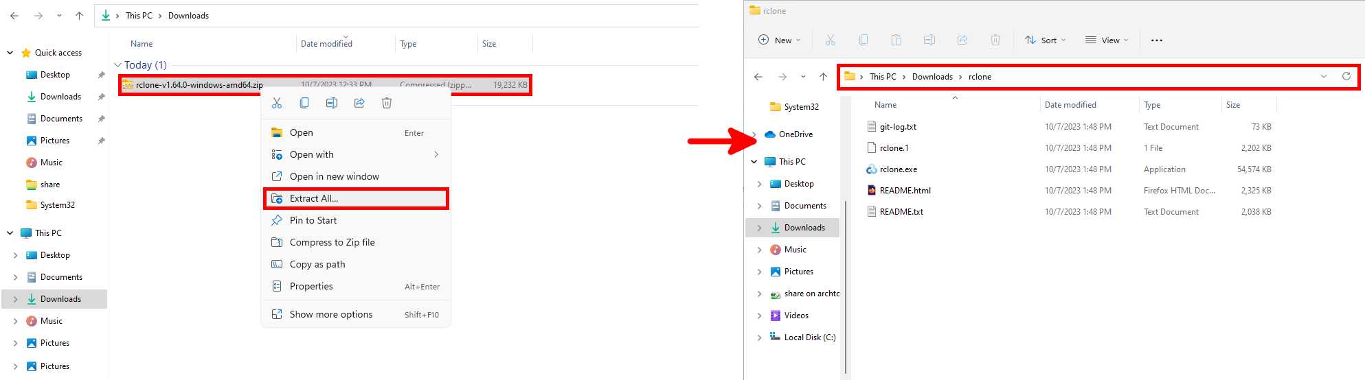 Capture d'écran montrant l'extraction du fichier ZIP Rclone sous Windows et le contenu du dossier résultant.