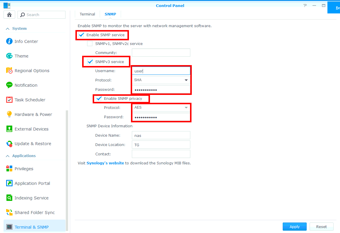 Synology NAS configuration SNMP