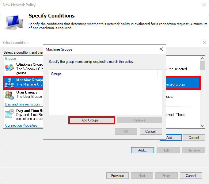 Capture d'écran de la fenêtre de configuration d'une nouvelle stratégie réseau dans Windows Network Policy Server (NPS). La condition 'Groupes de machines' est sélectionnée et le bouton 'Ajouter des groupes...' est mis en évidence, permettant à l'administrateur de spécifier un groupe de machines pour l'application de la stratégie réseau.