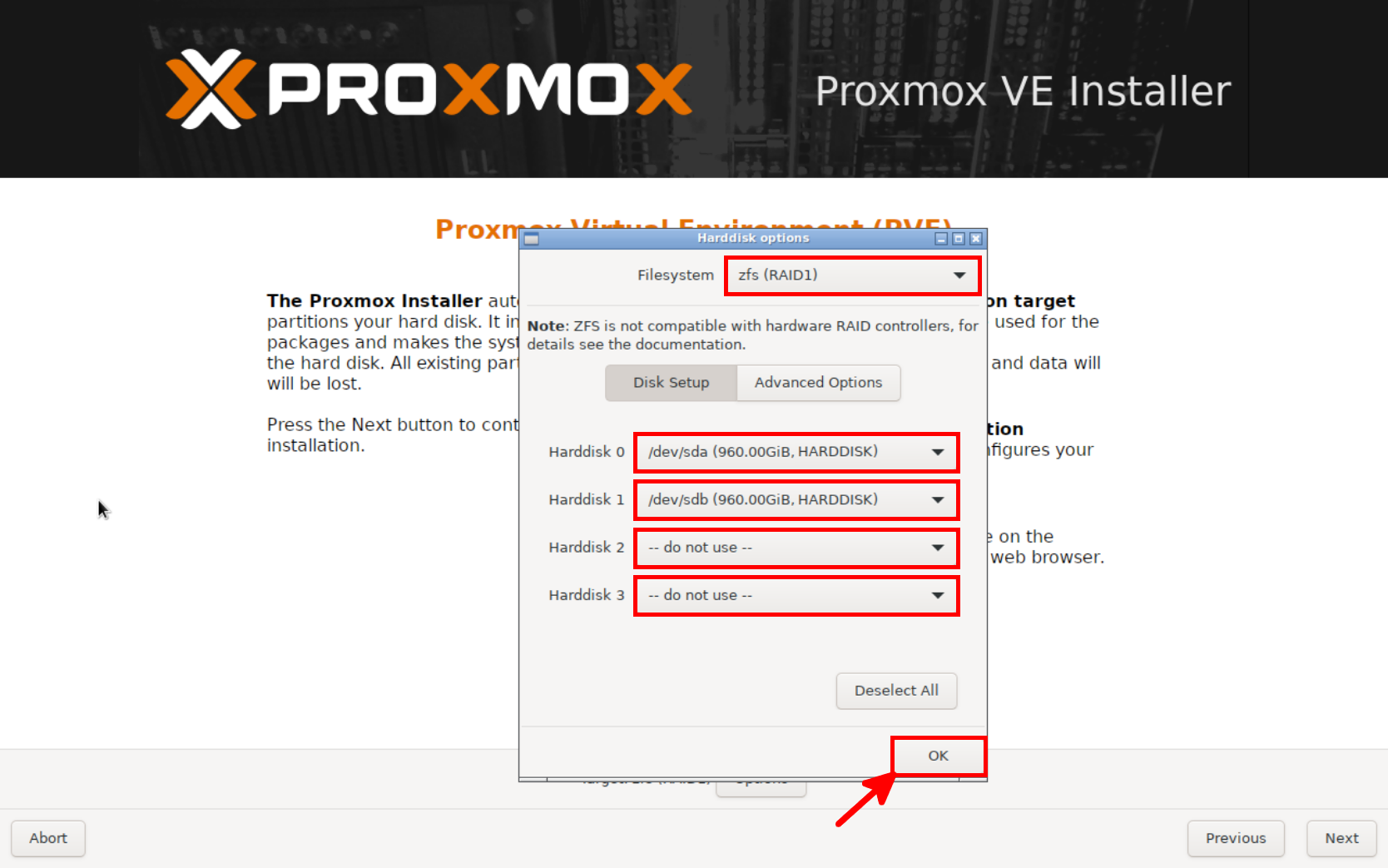 Configuration des disques ZFS RAID1 dans l’installateur Proxmox VE