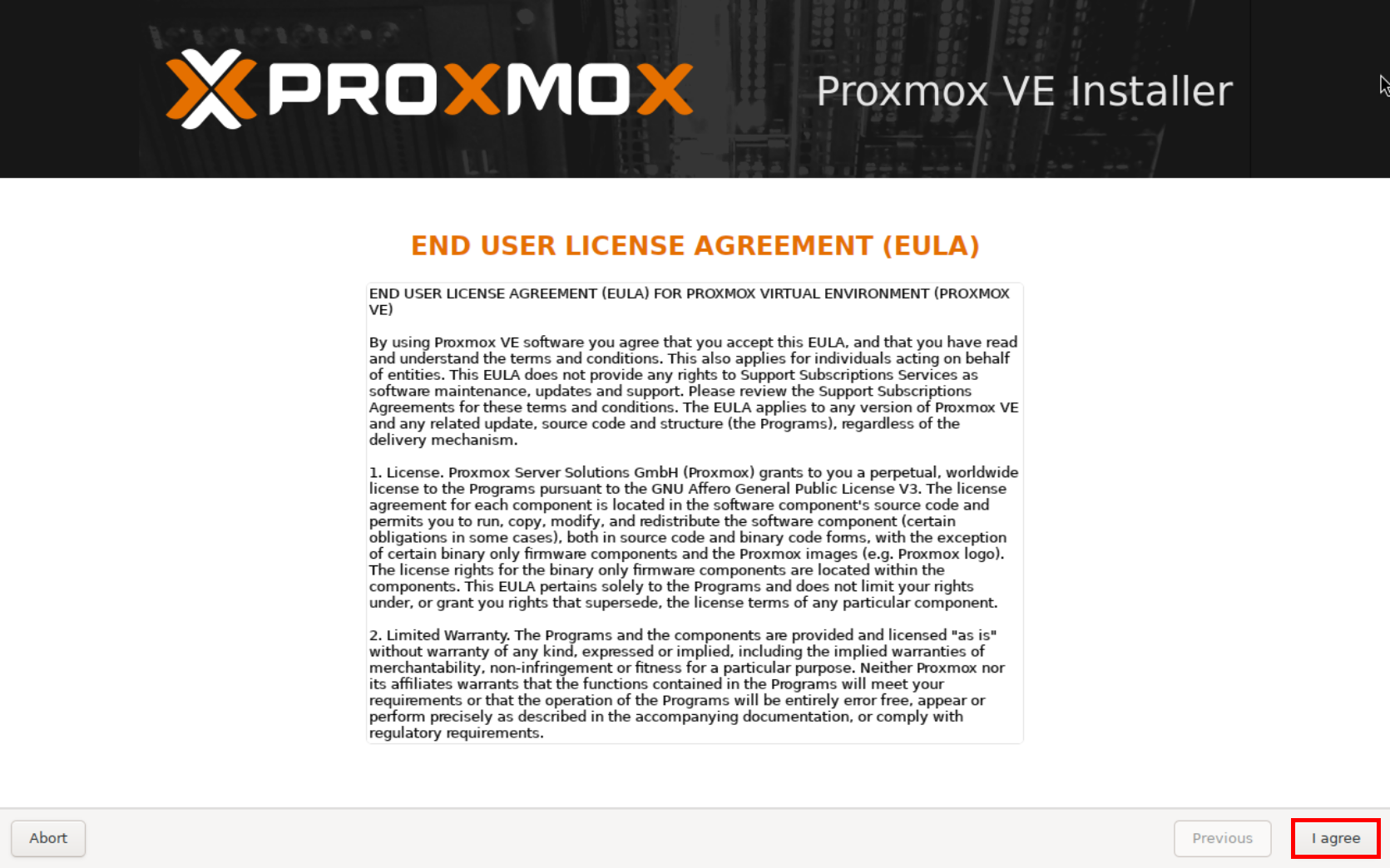 Écran de l’EULA dans l’installateur Proxmox VE
