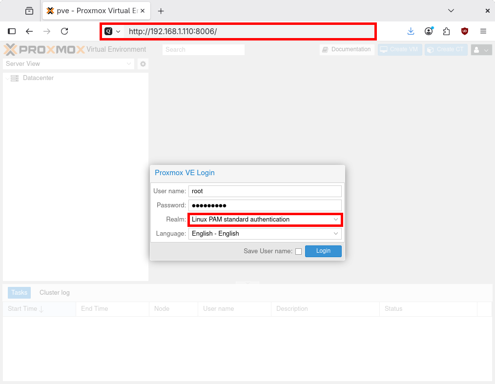 Écran de connexion à l’interface web de Proxmox VE