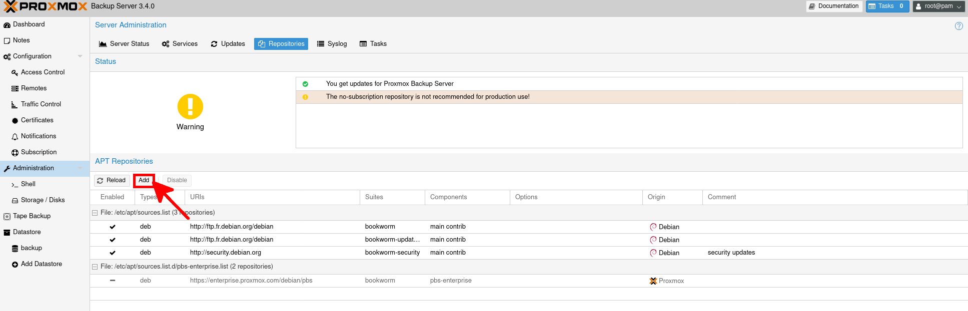 Bouton Ajouter mis en évidence pour configurer un nouveau dépôt APT