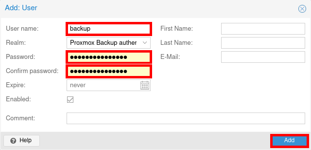 Formulaire de création d’utilisateur PBS avec les champs remplis