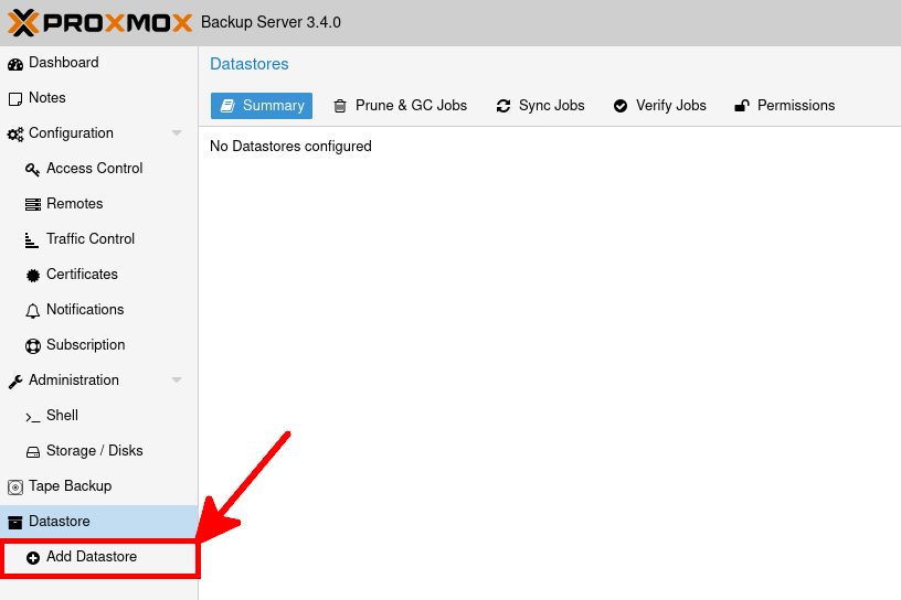 Bouton Ajouter un Datastore mis en évidence dans l'interface de PBS