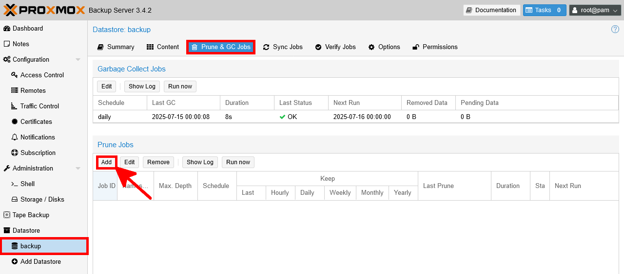 Interface de Proxmox Backup Server montrant l’onglet 'Prune & GC Jobs' avec le bouton 'Add' mis en évidence pour créer une nouvelle règle de suppression