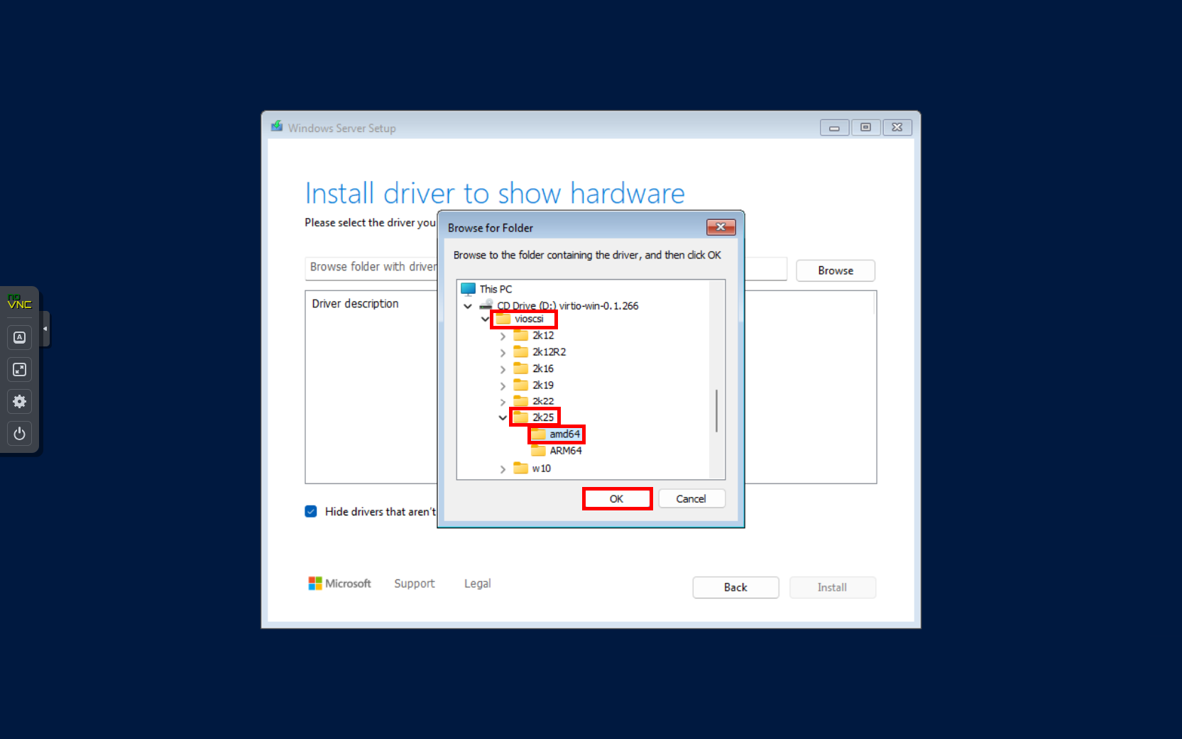 Écran d'installation de Windows Server dans une VM Proxmox demandant à l'utilisateur de parcourir les pilotes de stockage VirtIO. Le chemin 'viostor > 2k25 > amd64' est sélectionné avant de cliquer sur 'OK' pour charger les pilotes nécessaires.