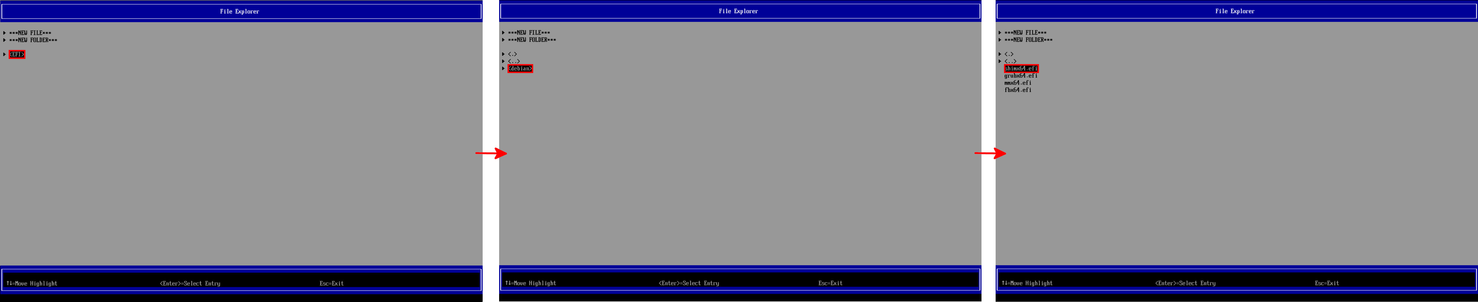 Explorateur de fichiers UEFI montrant la sélection du fichier shimx64.efi dans le dossier EFI/debian pour démarrer Debian sur Proxmox.