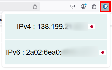 Extension Firefox STIP affichant les adresses IPv4 et IPv6 publiques via la connexion Mozilla VPN Barre d’outils du navigateur Firefox affichant la fenêtre STIP avec les adresses IPv4 et IPv6 publiques détectées via Mozilla VPN