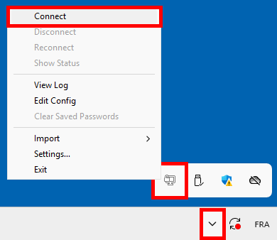 Menu de la barre des tâches du client OpenVPN sous Windows affichant l'option Se connecter.
