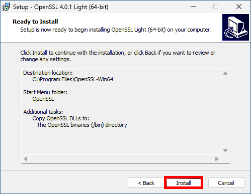 Programme d’installation d’OpenSSL Light affichant le dossier de destination, le dossier du menu Démarrer et l’emplacement des DLL sélectionnés avant l’installation