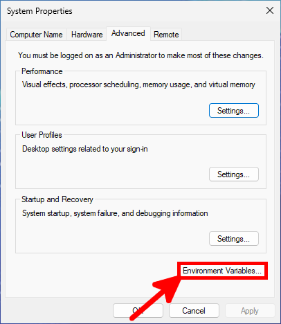 Fenêtre des propriétés système de Windows ouverte sur l’onglet Advanced avec le bouton Environment Variables mis en évidence
