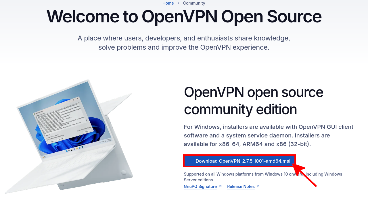 Page de téléchargement d’OpenVPN Community Edition affichant le programme d’installation MSI pour Windows 64 bits