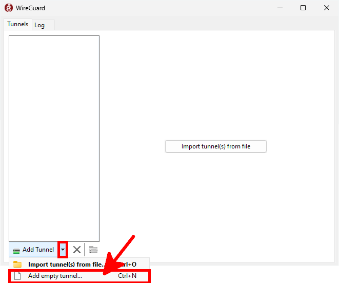 Interface WireGuard sous Windows montrant comment ajouter manuellement une configuration de tunnel vide