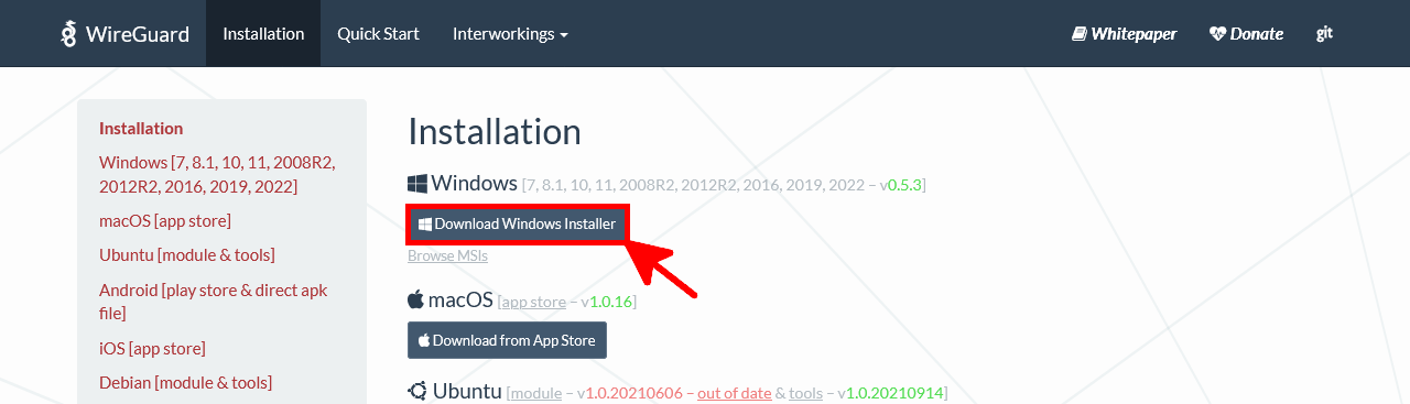 Capture d’écran du site officiel de WireGuard mettant en évidence le bouton de téléchargement pour l’installateur Windows