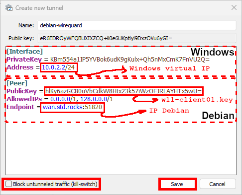 Interface WireGuard Windows montrant la configuration manuelle d’un tunnel avec clé privée, clé publique du pair et point de terminaison