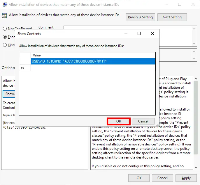 Windows GPO | Autoriser l'installation de périphériques correspondant à l'un de ces ID de périphériques, ajouter une valeur