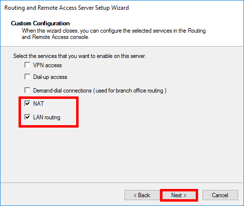 Windows | Routing and remote access console, selecting NAT and LAN routing configuration