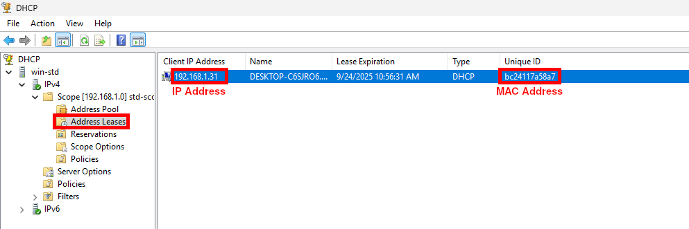 Windows DHCP – Address Leases: IP (Client IP Address) and MAC (Unique ID) Windows DHCP server window showing Address Leases with the IP address 192.168.1.31 and the corresponding MAC address in the Unique ID column