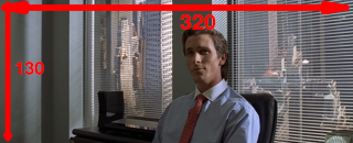 Cropped frame from American Psycho showing Patrick Bateman, annotated with the new dimensions 320x130 after removing black bars