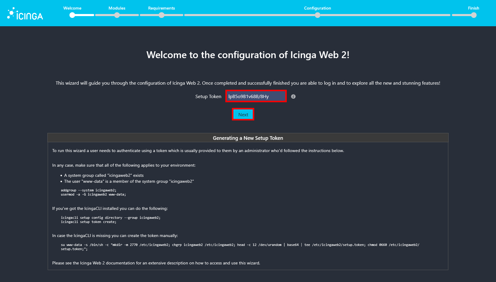Icinga Web 2 setup welcome screen showing the setup token field and the Next button.