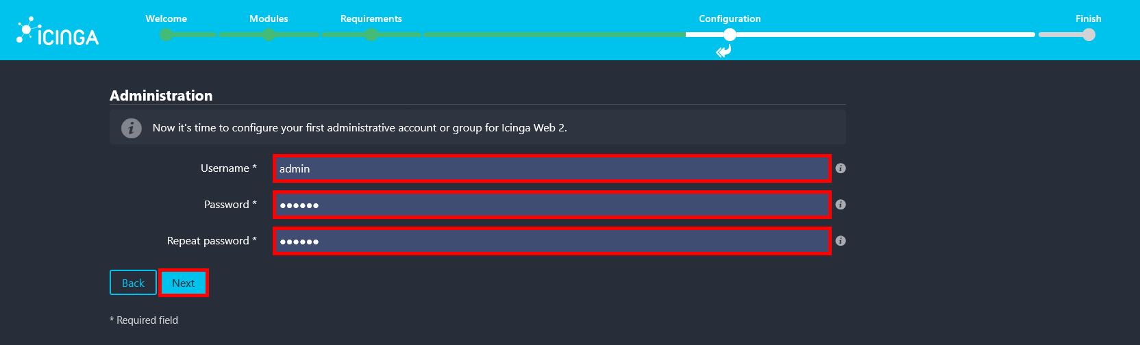 Create the initial administrator account for Icinga Web 2.