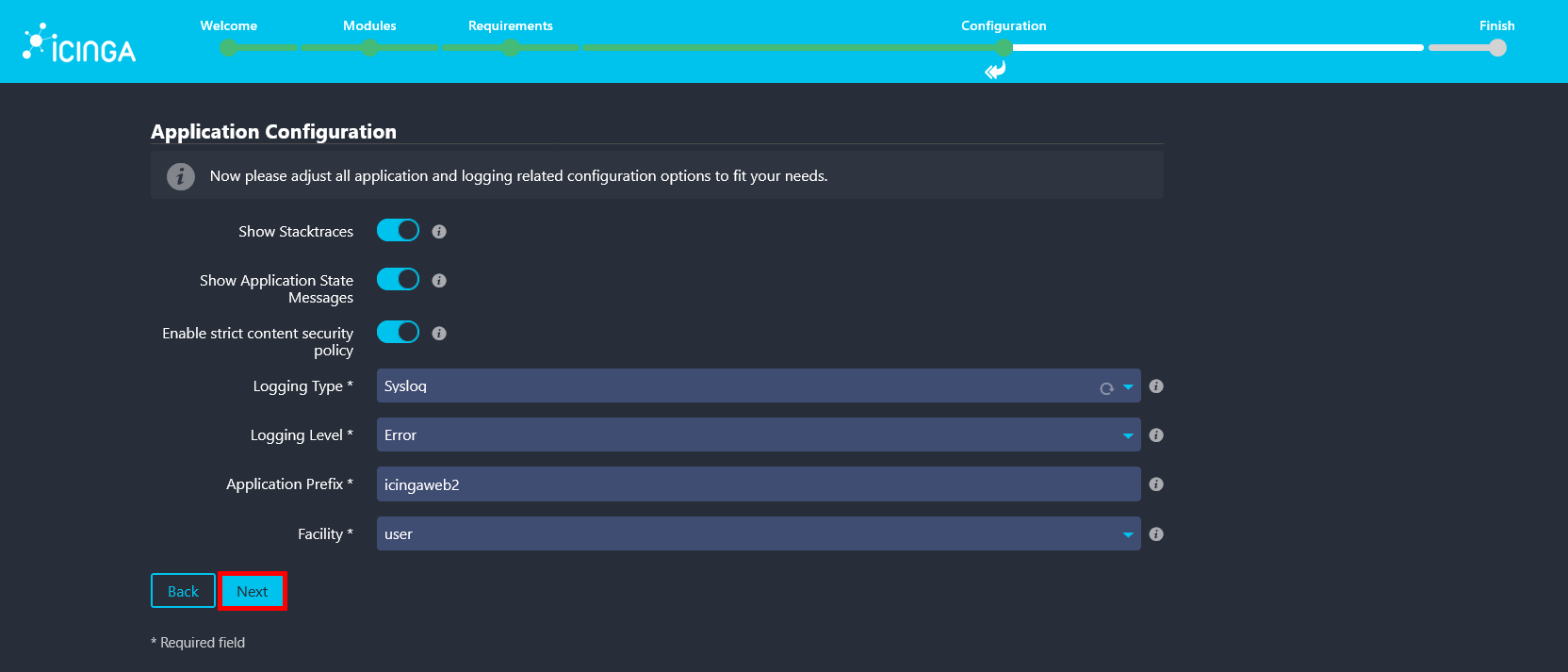 Icinga Web 2 application configuration screen showing logging type, logging level, and security-related options.
