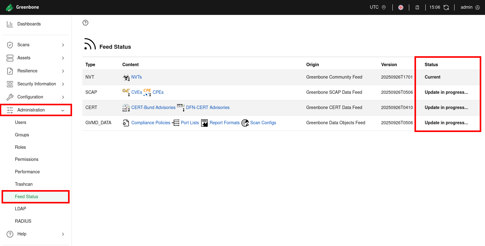 GVM Feed Status page on Kali Linux 2025 Screenshot of the Greenbone Vulnerability Manager Feed Status page on Kali Linux 2025 showing NVT, SCAP, CERT, and GVMD feeds with update status
