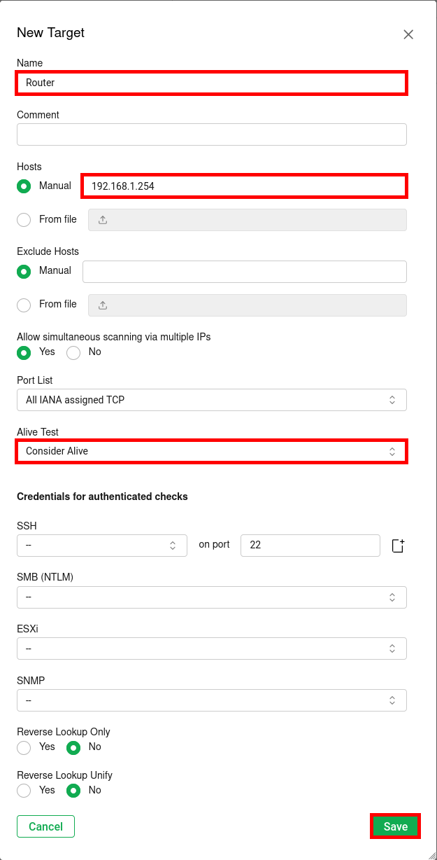 Defining a new scan target in GVM GVM form to create a new scan target, showing name, IP address, alive test, and save button.