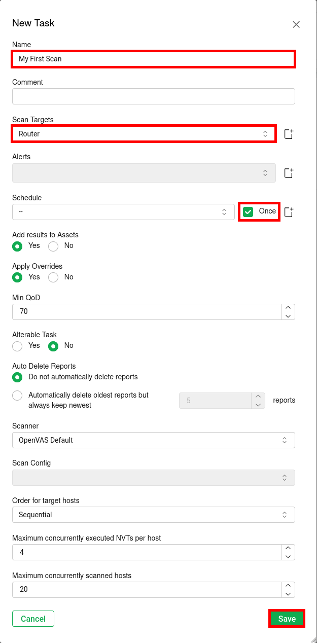 Create a new GVM task: name, target, schedule once New Task form in Greenbone Vulnerability Manager on Kali Linux 2025 showing fields for Name, Scan Targets, Schedule set to Once, and the Save button