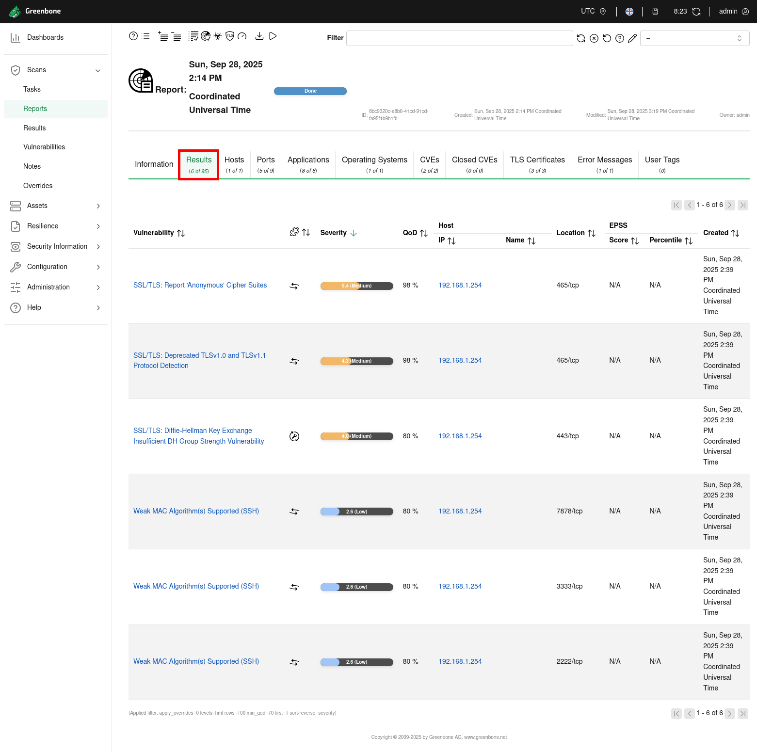 Complete vulnerability scan report in GVM on Kali Linux 2025 Screenshot of a vulnerability scan report in Greenbone Vulnerability Manager on Kali Linux 2025 showing results, severity ratings, affected host 192.168.1.254, and detected vulnerabilities such as SSL/TLS and weak MAC algorithms