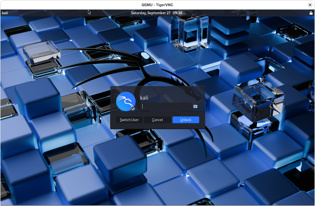 Kali Linux login screen via QEMU and TigerVNC Kali Linux login screen inside QEMU accessed with TigerVNC client