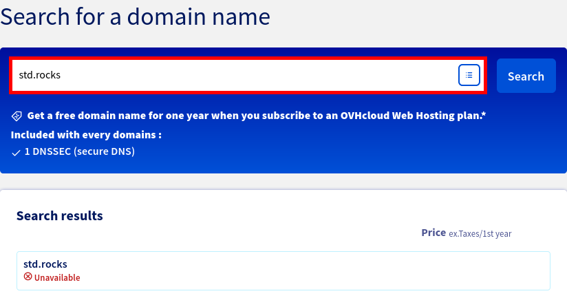 Screenshot showing the OVHcloud interface used to search for and register a domain name such as std.rocks for a mail server.