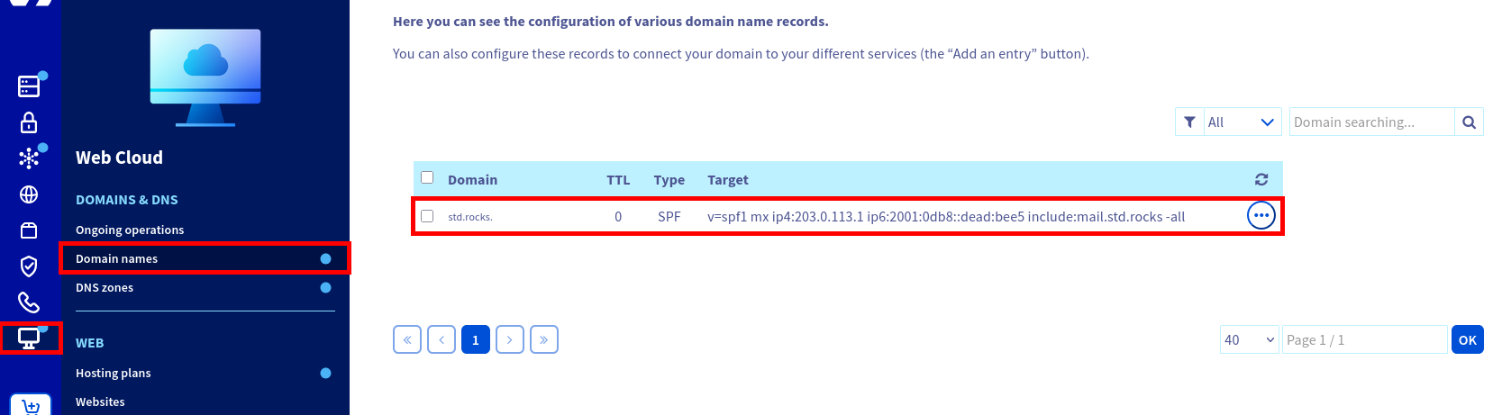 Screenshot of the OVHcloud DNS dashboard showing an SPF record for the domain std.rocks authorizing specific IP addresses and mail servers to send emails.