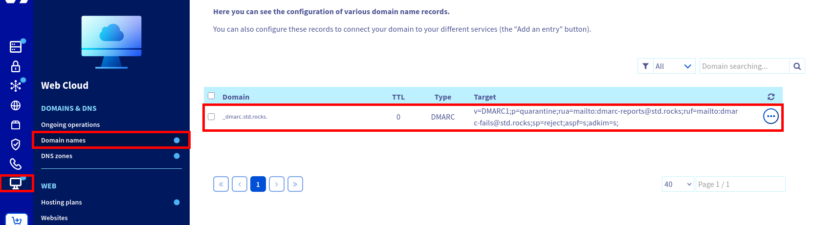 Screenshot of the OVHcloud DNS dashboard showing a DMARC record for the domain std.rocks with a quarantine policy, report addresses, and strict alignment.