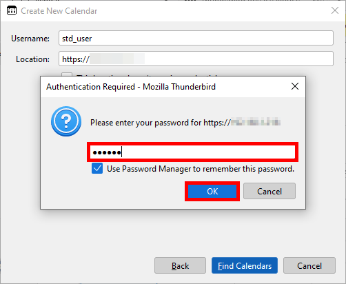 Thunderbird authentication dialog requesting the user password when connecting to a CalDAV calendar server