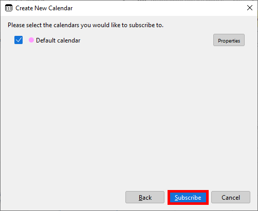 Thunderbird calendar subscription dialog showing the selected calendar and the Subscribe button