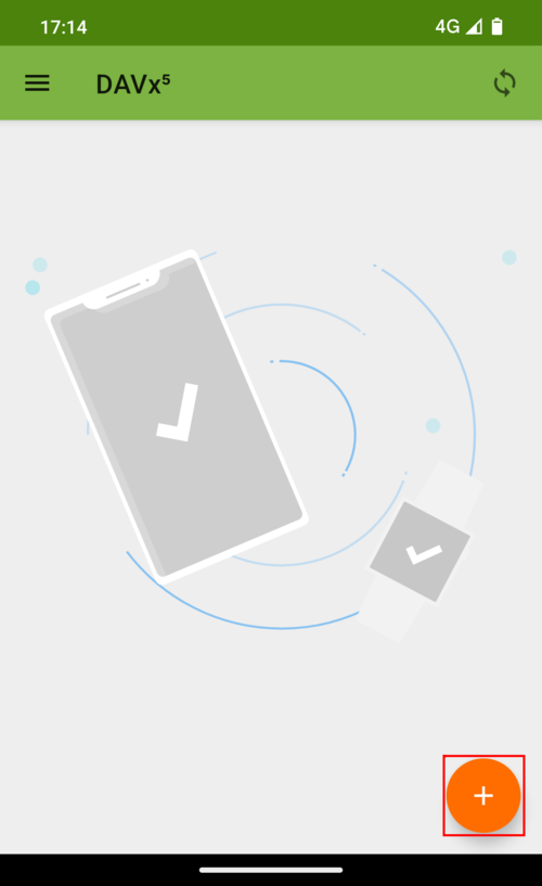 DAVx5 main interface on Android showing the add account button to configure a CalDAV connection