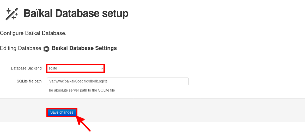 Baïkal database setup screen showing SQLite selected as the database backend