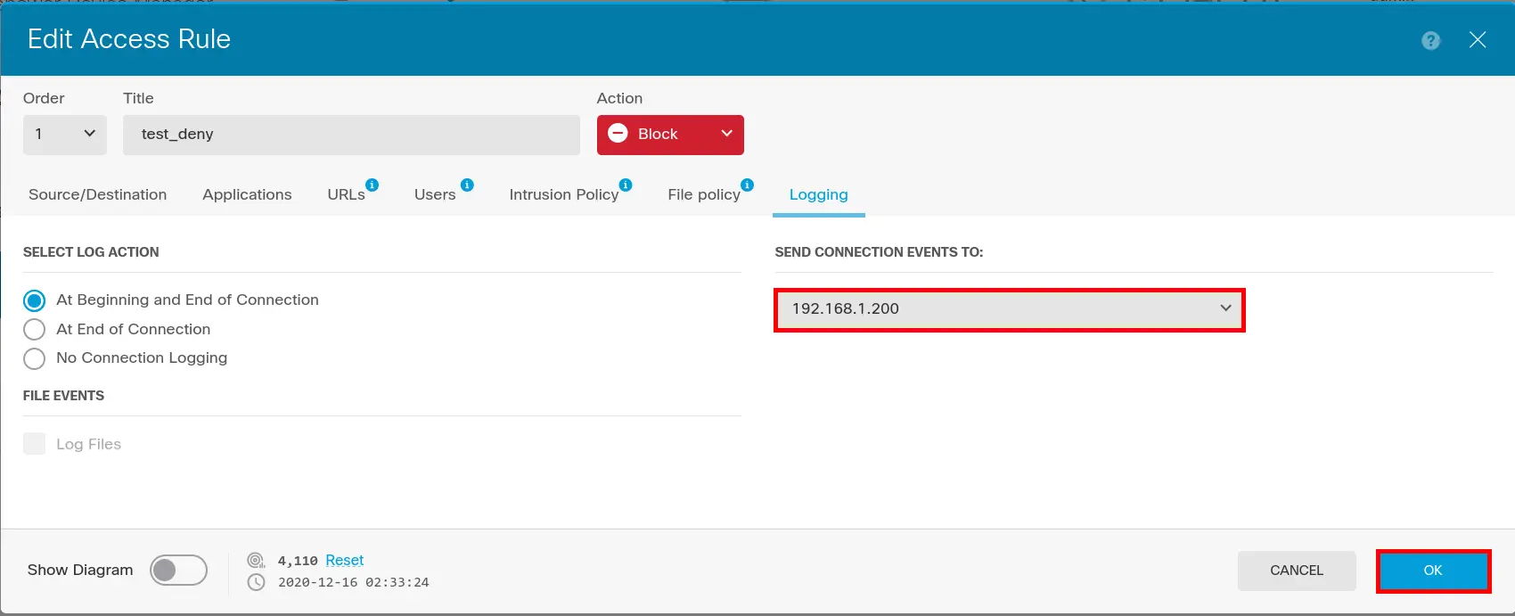 Cisco Firepower logging settings for an access rule showing connection log actions and syslog destination IP